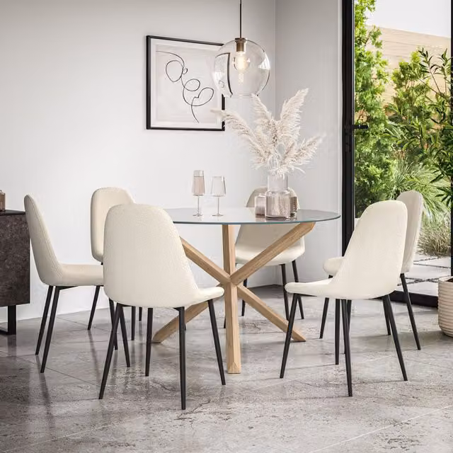 More4Homes Malvern Round Dining Table and 6 Maya Boucle Dining Chairs Set, Clear Glass Top with Solid Oak Legs, Ivory