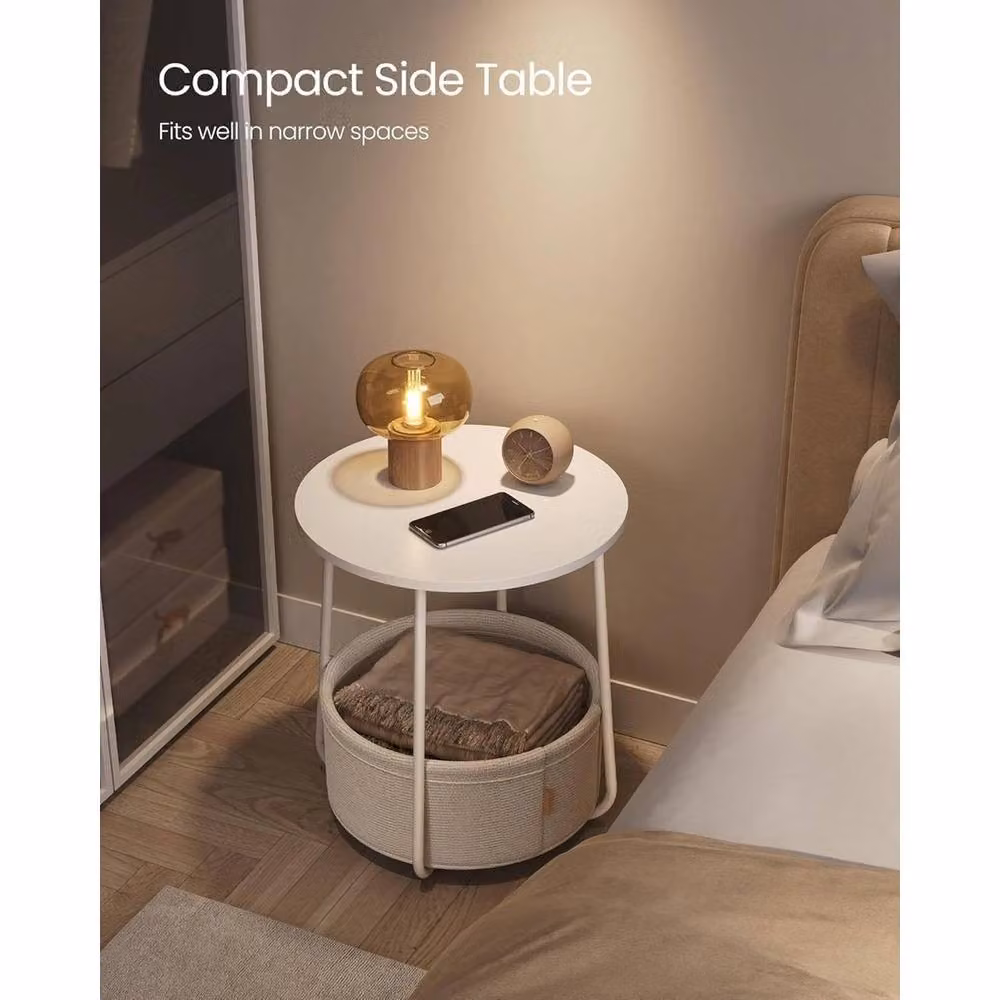 FORGEVIO Round End Table with Fabric Basket in White, W/D/H: 45 x 45 x 50 cm – 2