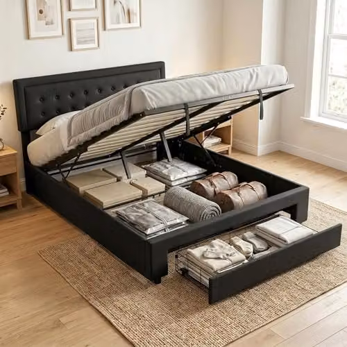 HOMCOM Upholstered Lift Up Ottoman Bed in Black, W/D/H: 150 x 200 x 95 cm – 1