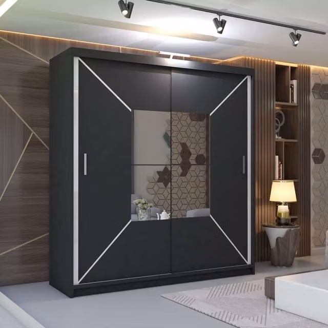 MN Furniture Naxos Sliding Mirror Wardrobe with LED Light in Black, W/H: 120 x 217 cm