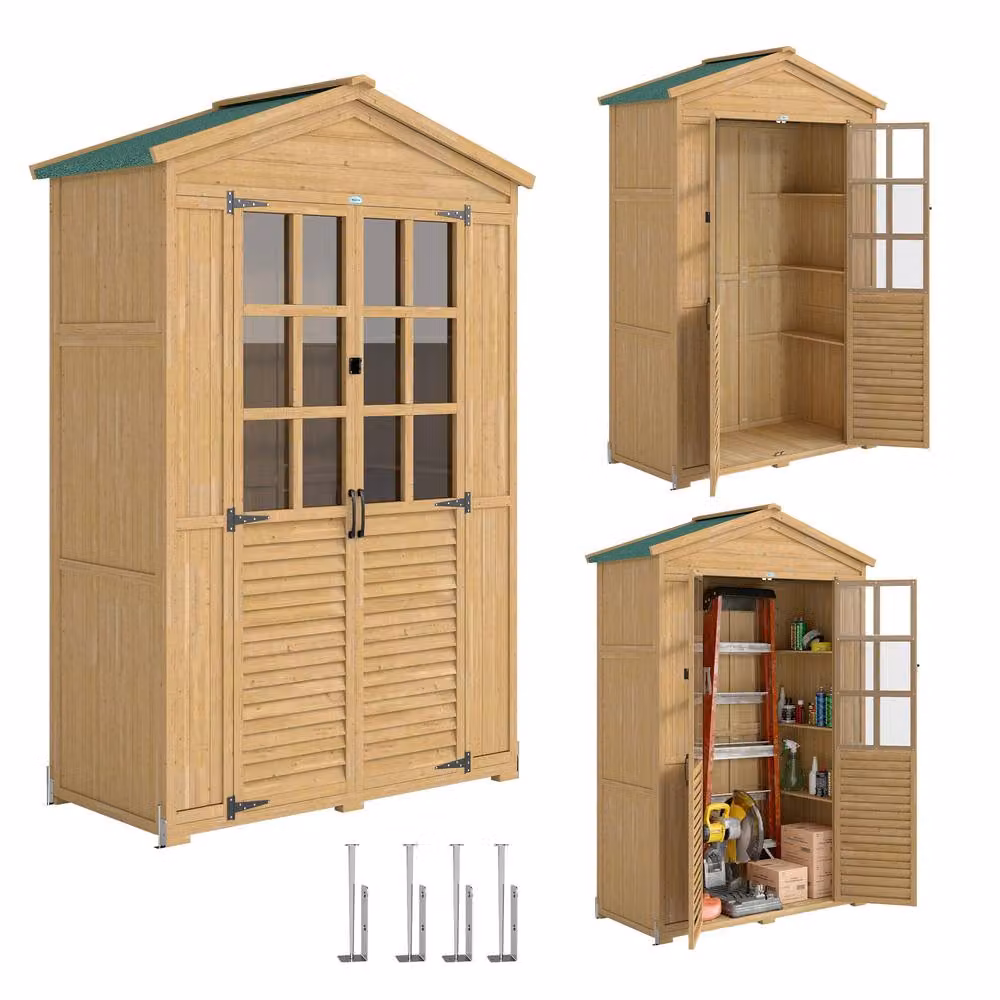 OUTSUNNY Brown Tall Outdoor Storage Cabinet with Glass Hinged Doors, H 197.0 x W 121.0 x D 50.5 cm – 2