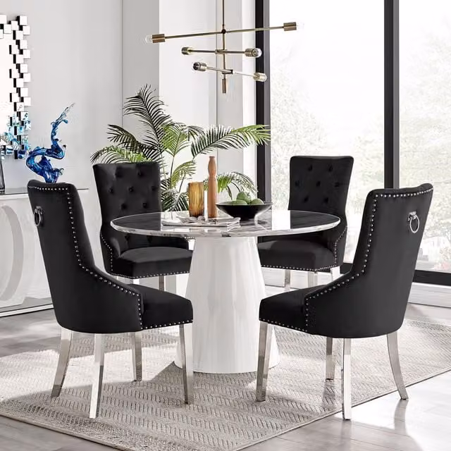 FurnitureboxUK Palma White Marble Effect Round Dining Table and 4 Belgravia Chairs in Black