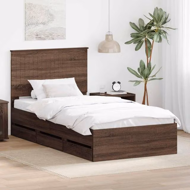 Berkfield Home Modern Bed Frame with Drawers in Brown Oak, W/D/H: 100 x 200 cm – 1