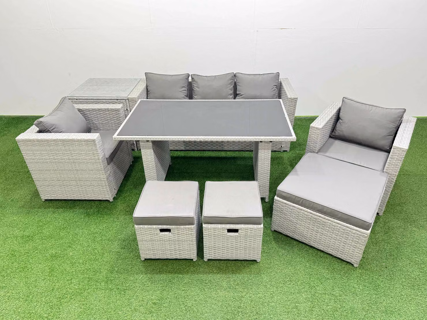 Fimous Garden Furniture Set with Black Glass Top Oval Dining Table and 3 Seater Light Grey Polyrattan Sofa