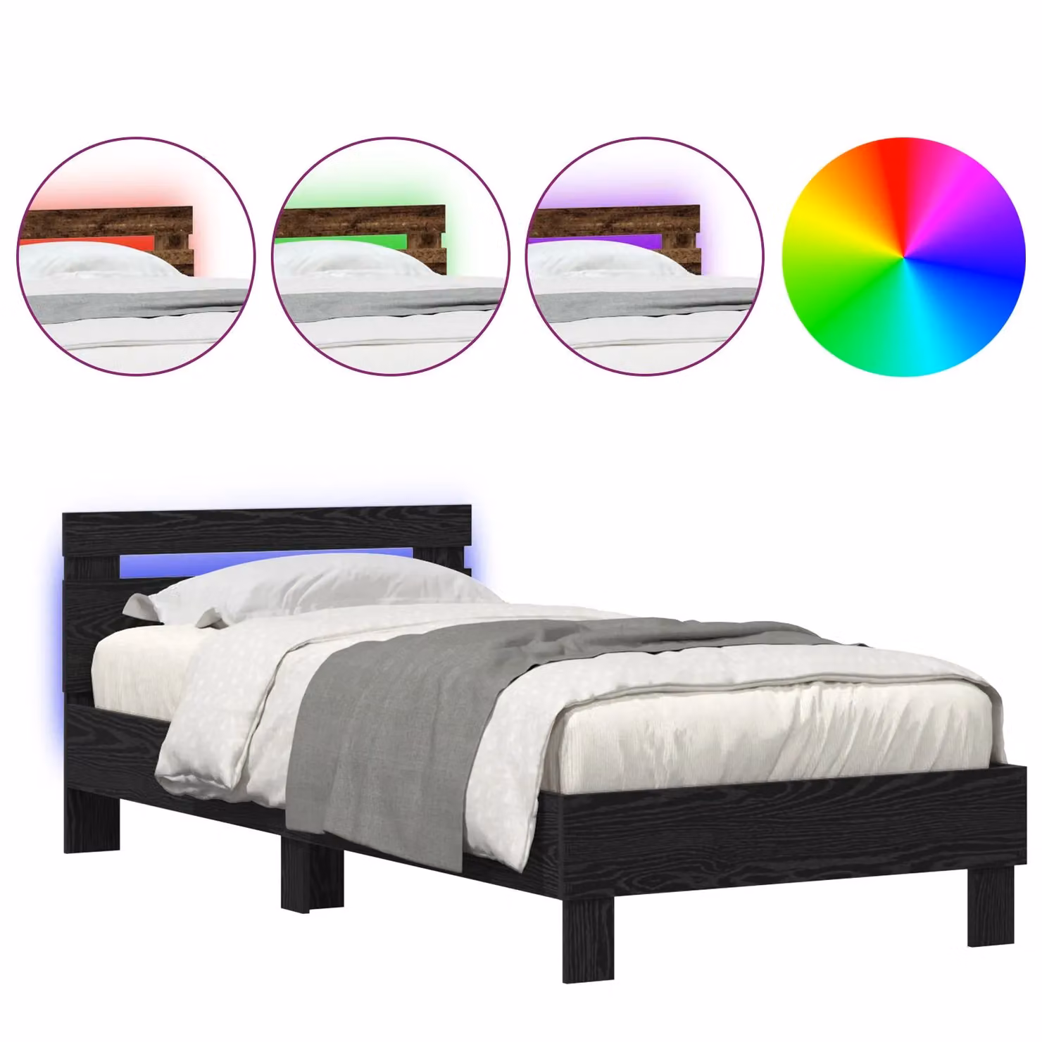 Berkfield Home Black Oak Bed Frame with Under-Bed LED Lighting, W: 90 cm, D: 200 cm – 3