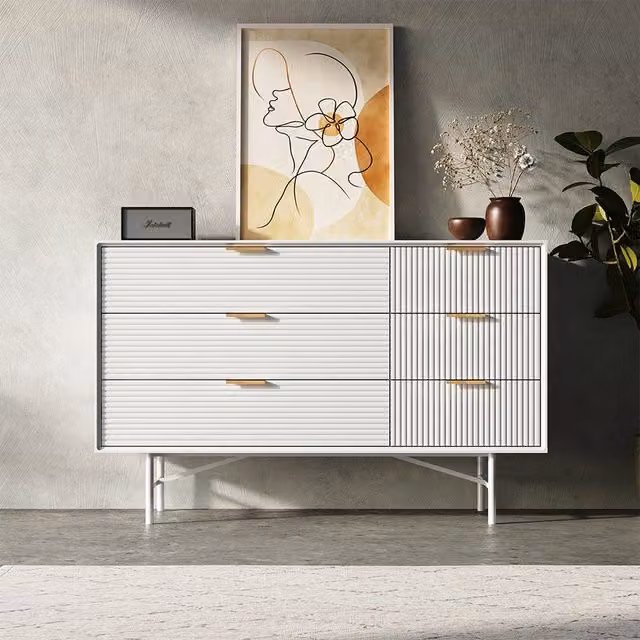 Livingandhome Modern 6-Tier Striped Freestanding Bedroom Storage Cabinet in White and Gold