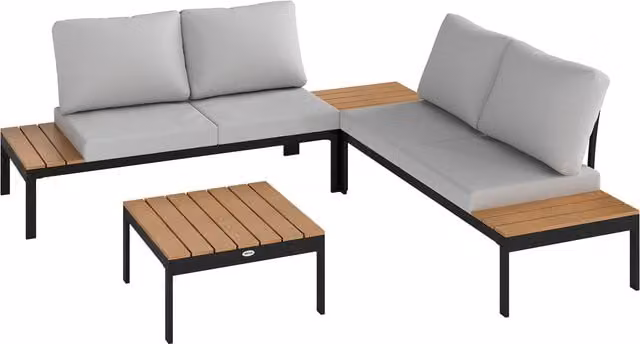 Outsunny Four-Piece L-Shape Garden Corner Sofa Set with 2 Loveseats and 2 Coffee Tables in Brown