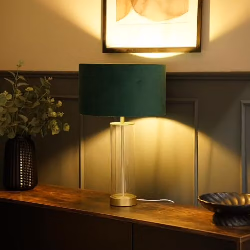 ValueLights Glass and Gold Metal Table Lamp with Green Fabric Shade and LED Bulb – 2