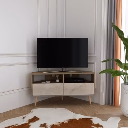DECOROTIKA Aura Corner TV Stand in Galaxy and Travertine with Open Shelves, Cabinets, and Wooden Legs, W: 120 cm, D: 45 cm, H: 59.8 cm – 1