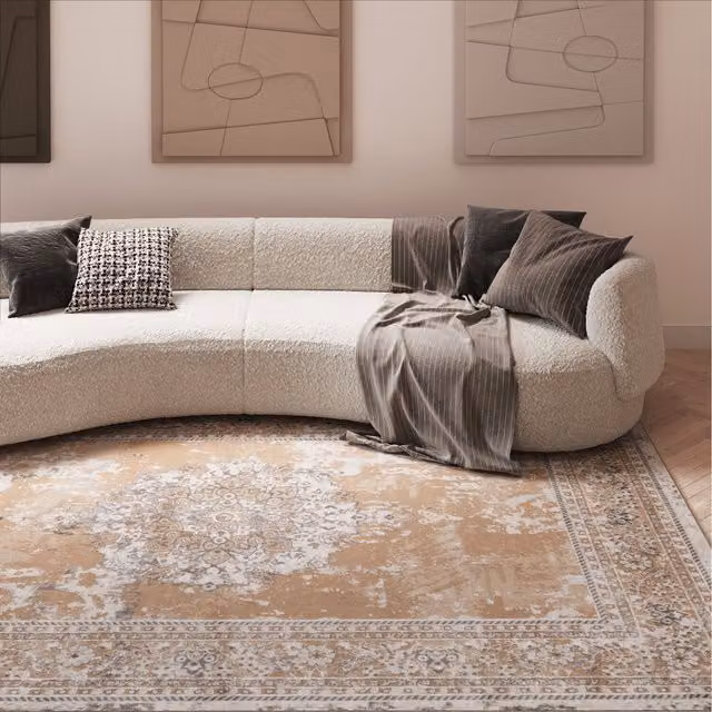 The Rug House Distressed Traditional Medallion Area Rug in Beige with Decorative Border, W: 330 cm, D: 240 cm