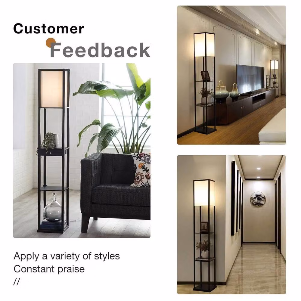FLAVORA LED Wooden Floor Lamp with 3-tier Open Storage Display in Black – 5