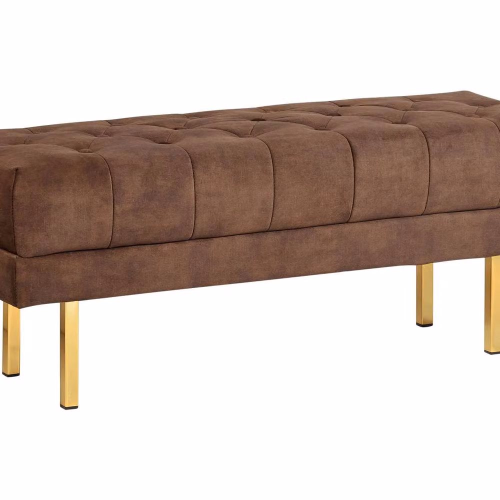 Wyld and Coco Brown Velvet Tufted Bench with Gold Legs, W: 117 cm, D: 40 cm, H: 44 cm – 2