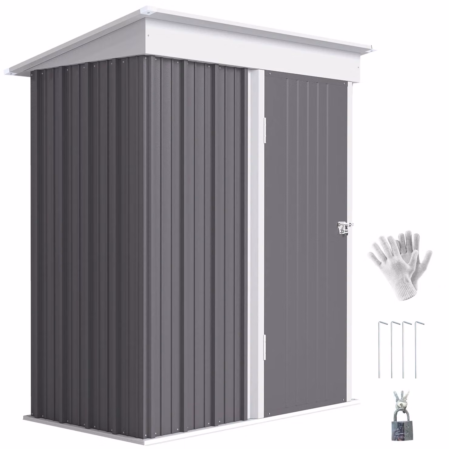 Outsunny Grey Metal Lean-to Garden Storage Shed with Lockable Single Door and Shelving – 2
