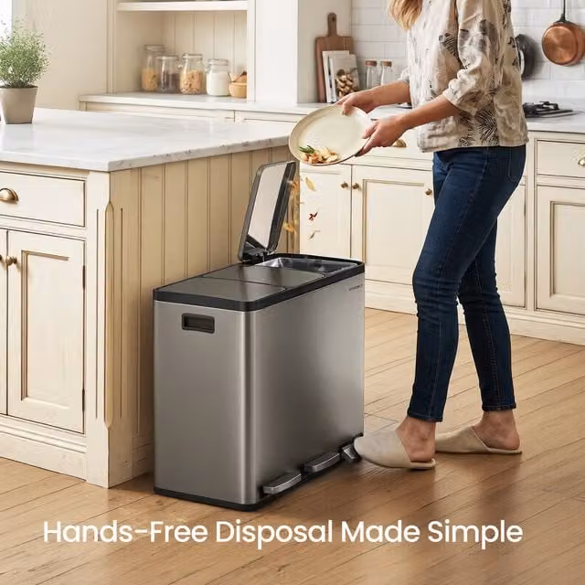 SONGMICS 54L Silver Stainless Steel 3 Compartment Pedal Bin with Soft Close and Removable Inner Bucket