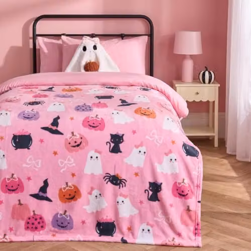 OHS Halloween Ghost Print Pink Fleece Throw Blanket, W: 120 cm, D: 150 cm – 1