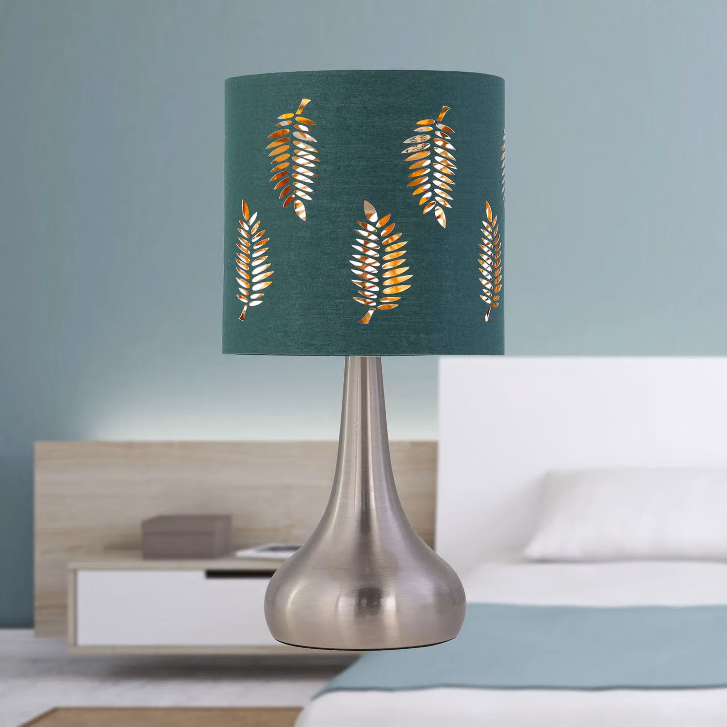 First Choice Lighting Romana Touch Table Lamp in Brushed Chrome with Green Fabric Shade – 3