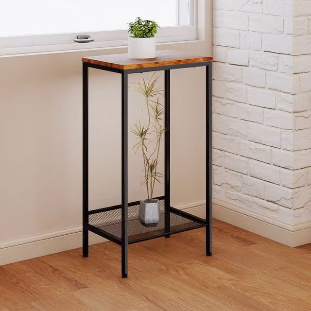 Levede Industrial 2-Tier Wood and Metal Side Table in Brown and Black, W/D/H: 40 x 28 x 73.5 cm