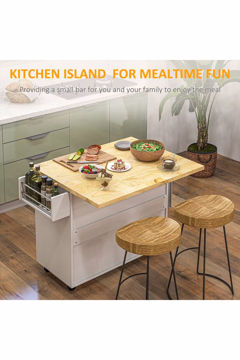ERGOVEXA White Rolling Kitchen Island Storage Trolley with MDF and Rubberwood Construction, W/D/H: 111.5 x 45.0 x 89.0 cm – 2