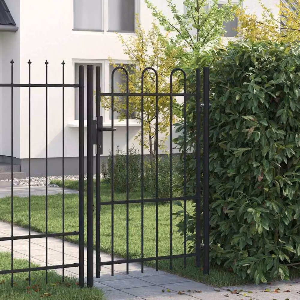 Berkfield Home Single Door Arched Top Steel Fence Gate, Black, W: 1.5 m, H: 1.0 m – 2
