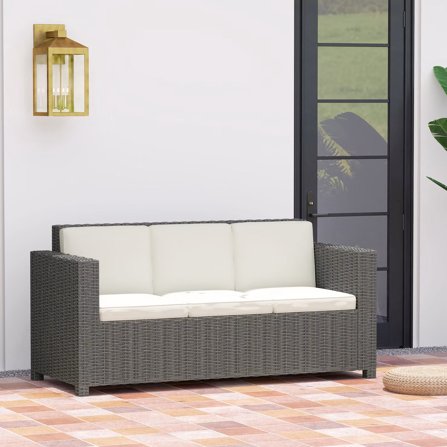 Outsunny 3 Seater Rattan Sofa with Cream Fire Resistant Cushions and Powder Coated Steel Frame – 7
