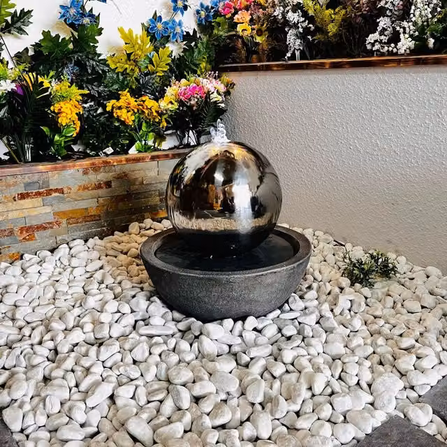Tranquility Modern Metal and Resin Tabletop Water Feature with Stainless Sphere in Grey and Silver