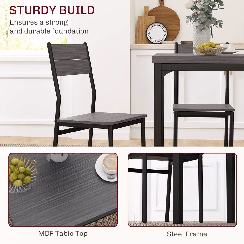 STILVORA Compact Dining Set with Steel Frame and MDF Laminate in Grey and Black – 4