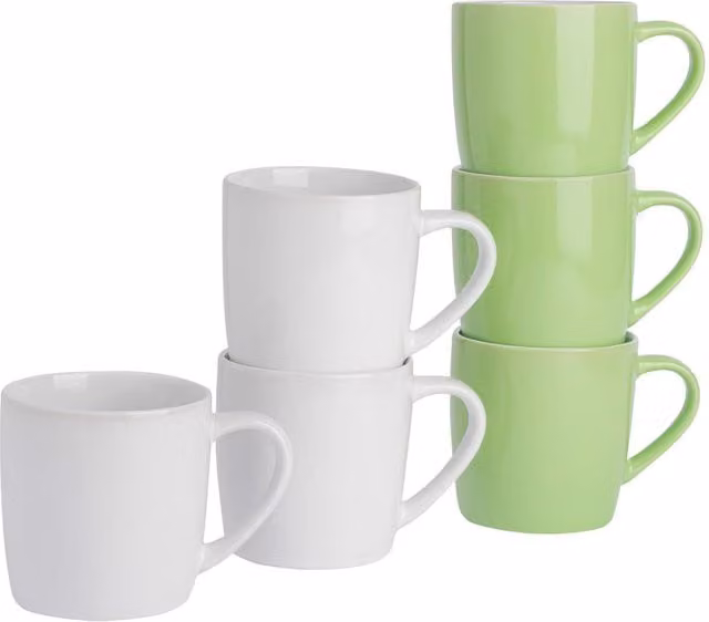 Argon Tableware Set of 6 Two-Tone Stoneware Coffee Mugs, Green and White, 350ml each
