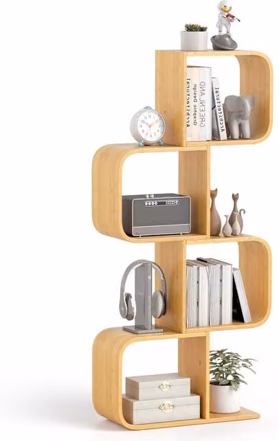 COSTWAY 4-Tier S-Shaped Bamboo Bookshelf in Brown