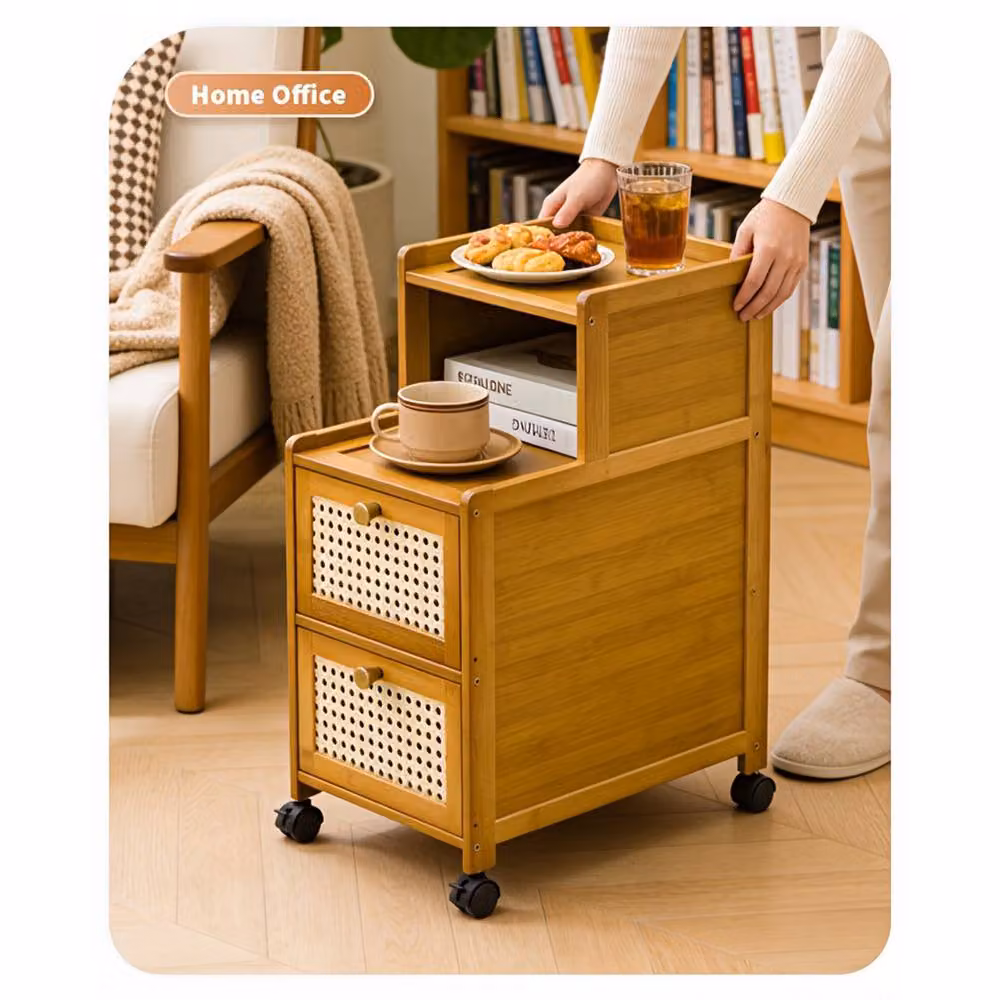 FORGEVIO Narrow Bamboo Nightstand with Rolling Drawer and Castors in Natural Brown – 4