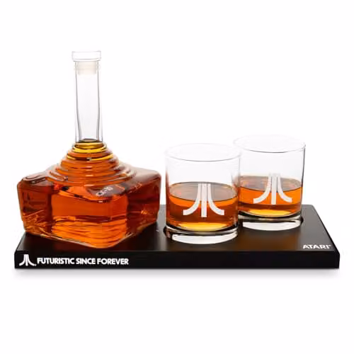 ThumbsUp! Official Atari Joystick Decanter Set with 2 x Atari Action Button Whisky Glasses and CX78+ Games Pad Tray, Transparent Lead-Free Crystal Glass, 750ml Decanter and 2 x 300ml Glasses