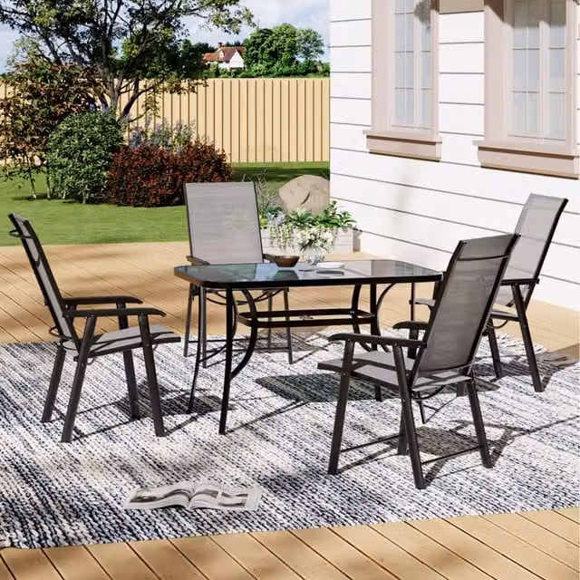 Livingandhome Modern Black Outdoor Bistro Set with Rectangular Glass Table and Four Folding Chairs