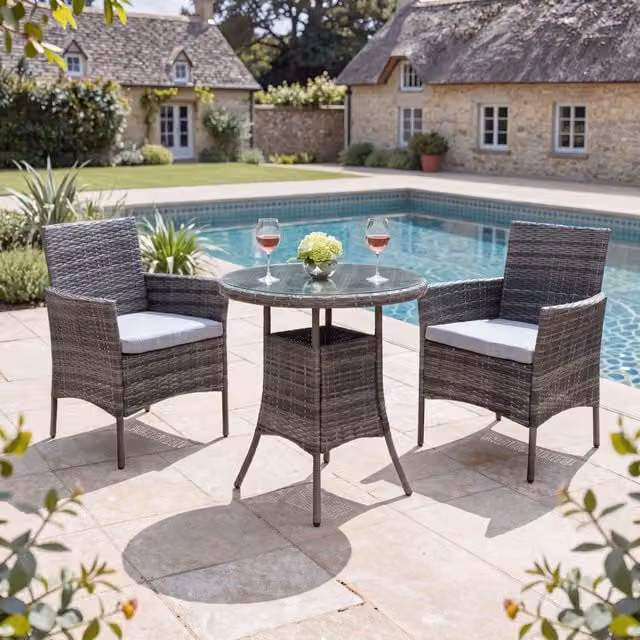 Home Garden Direct Judas 2-Seater Grey Rattan Garden Bistro Set with Glass Tabletop – 1
