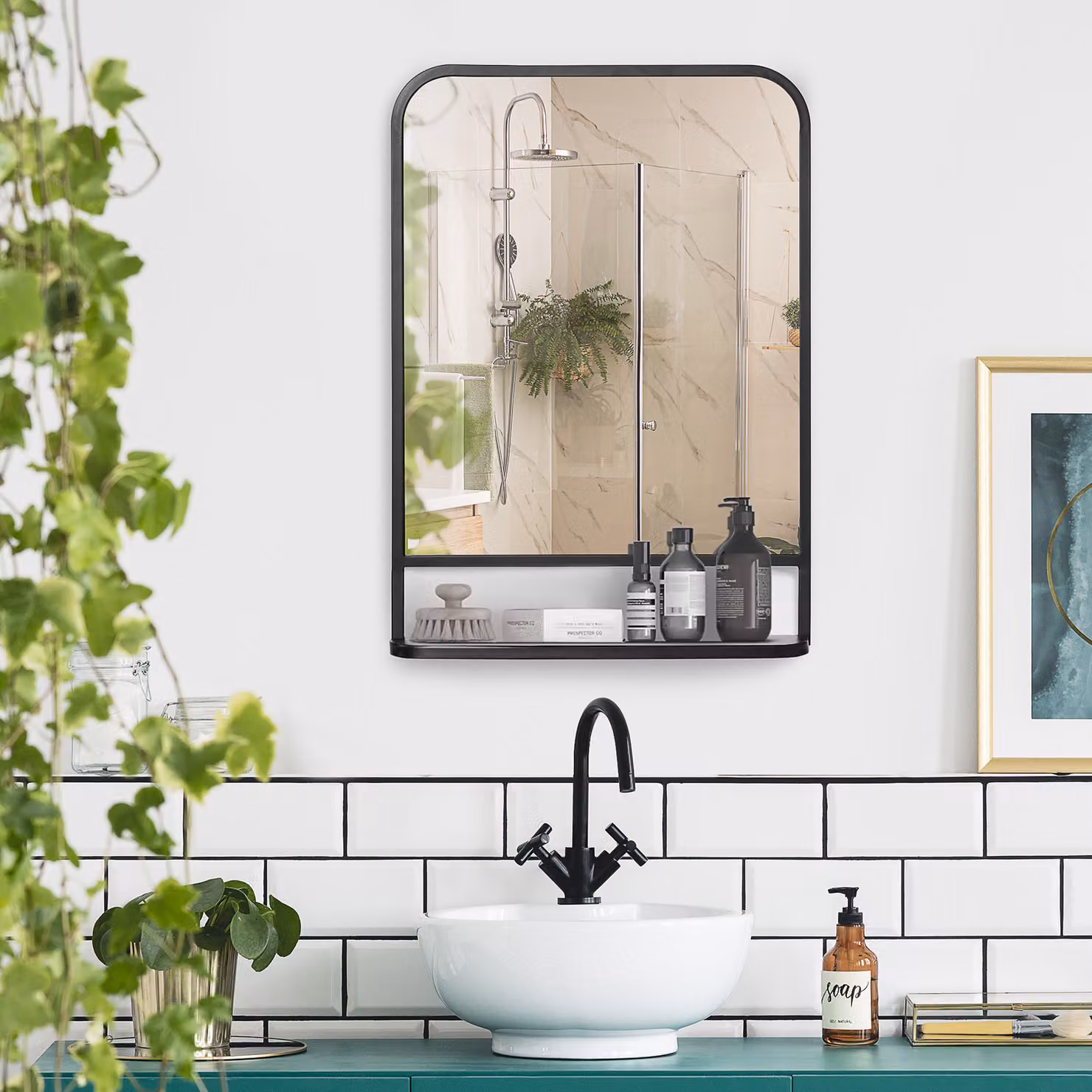 HOMCOM Black Rectangular Wall Mirror with Storage Shelf – 2