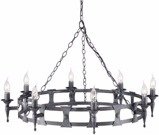 Elstead Saxon 8 Light Industrial Chandelier in Black and Silver Metal with E14 Bulbs