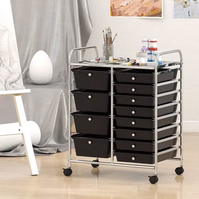 Costway Black Multi-Purpose Metal Utility Storage Cart with Castors and 2 Drawers