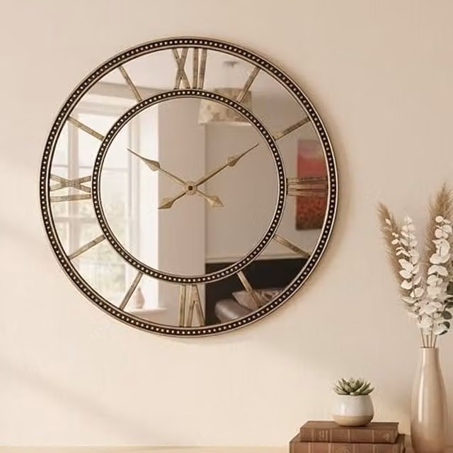 Biznest Vintage Round Beaded Wall Clock with Roman Numerals in Gold