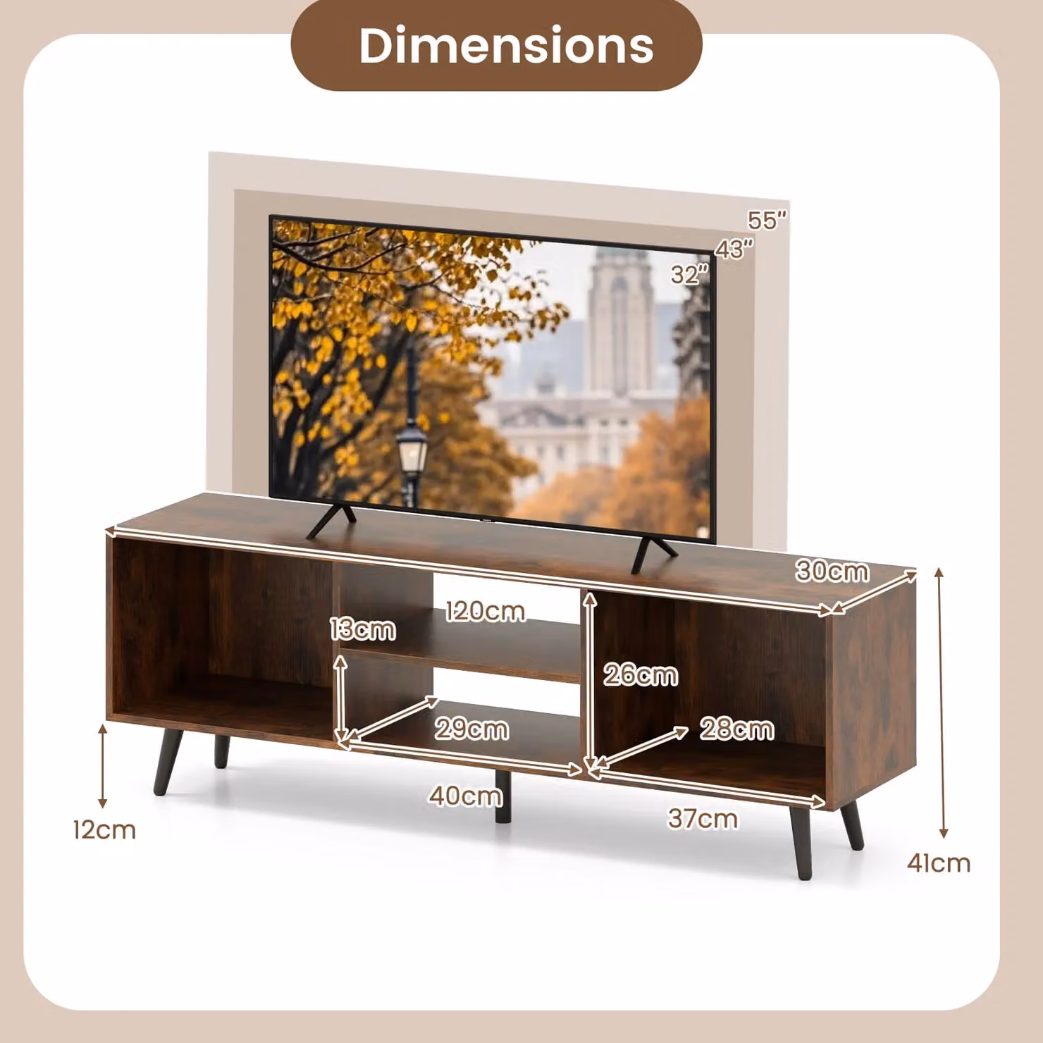 Gymax Mid Century Modern Entertainment Centre TV Stand in Brown, W: 120 cm, D: 30 cm – 2
