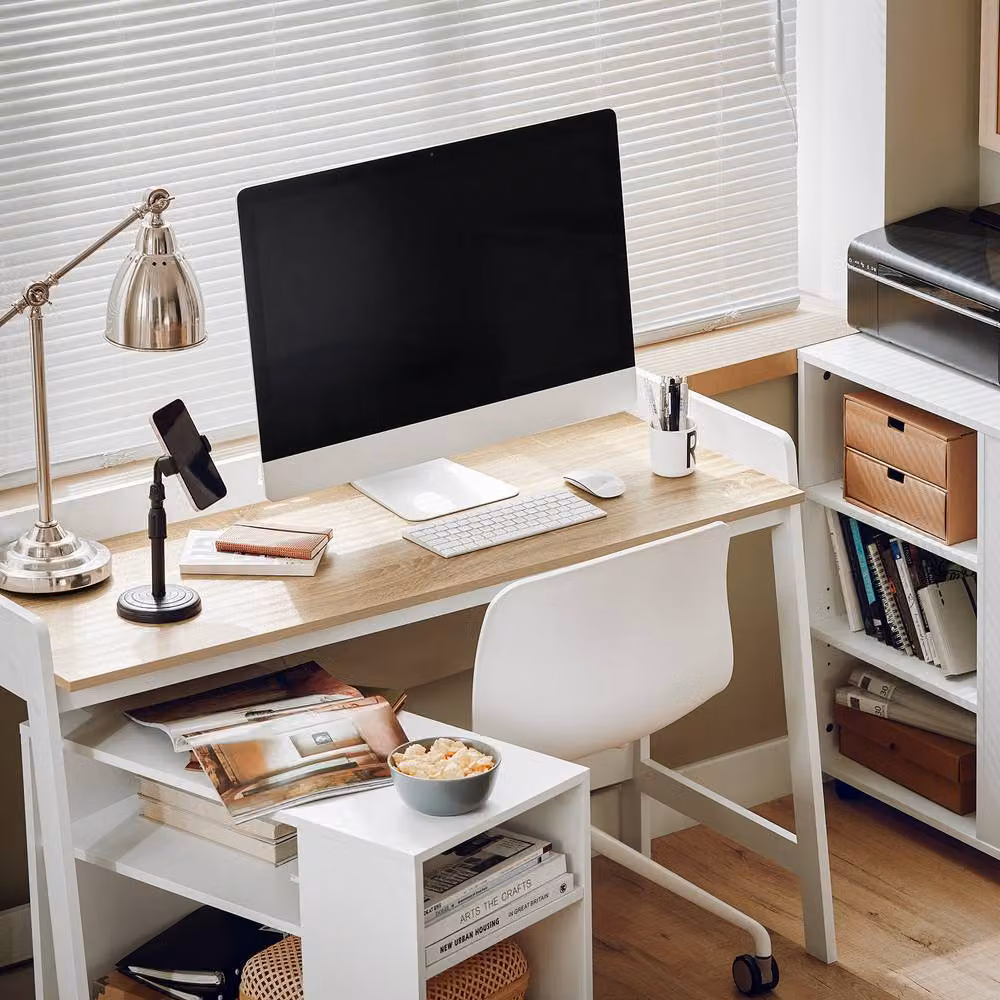 SoBuy White Computer Desk with Grommet for Home Office, W: 125 cm, D: 52 cm, H: 80 cm – 8