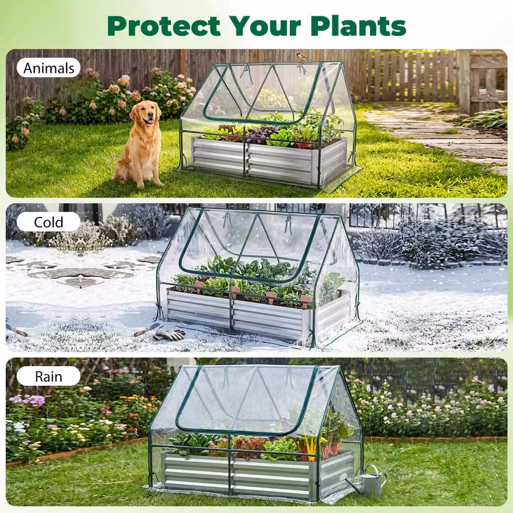 Costway Raised Garden Bed with Cover and 2 Windows, Galvanised Metal Planter Box in Silver – 6