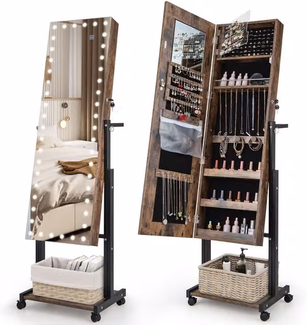 Costway Height Adjustable Standing Jewelry Armoire with 3-Colour LED Mirror and Wheels in Brown – 1