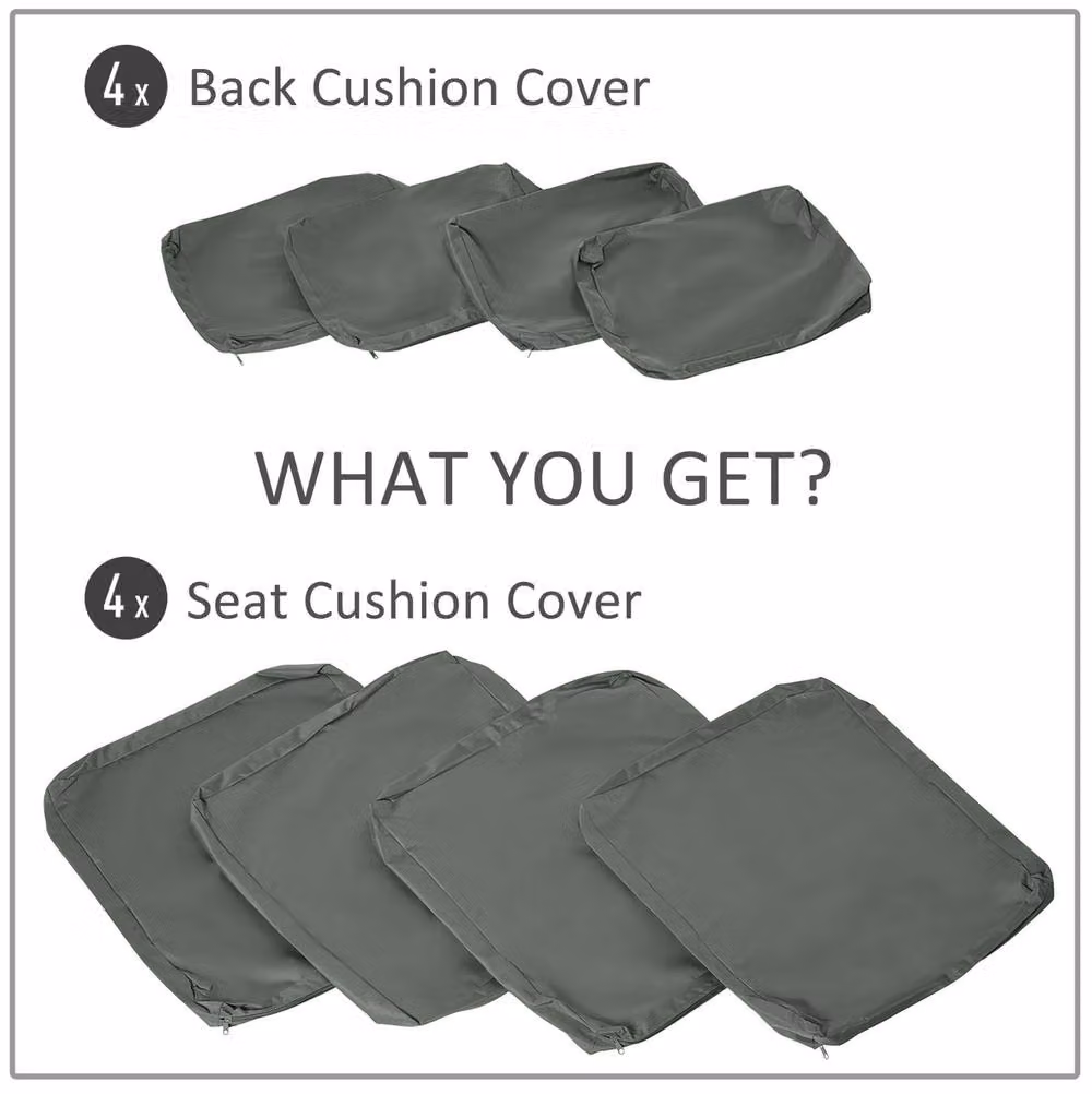 STILVORA Set of 8 Grey Outdoor Cushion Covers with Zip Fastening and Machine Washable Polyester Fabric – 3