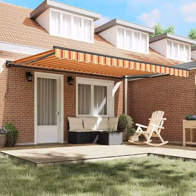 Berkfield Home Manual Retractable Folding Arm Awning in Yellow, Orange and Multicolour, W: 450 cm, D: 300 cm
