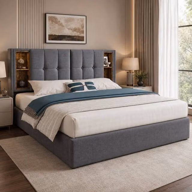STILVORA Upholstered King Size Bed in Grey with USB Charging, Bedside Shelf and Lift-Up Storage W/D/H: 150 x 200 x 100.5 cm – 1