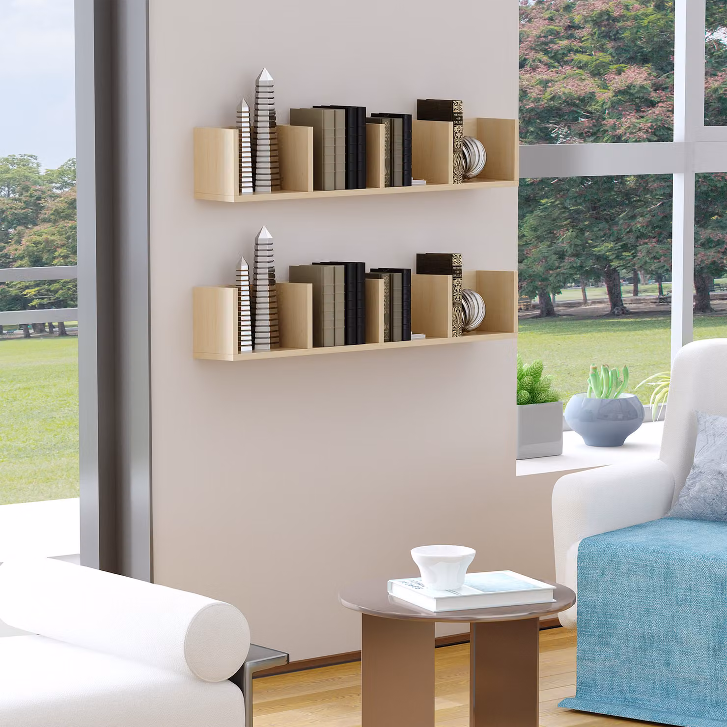 HOMCOM Set of 2 Wall Mounted Wooden Media Storage Racks in Brown, featuring 4 Cubes for CD, DVD and Blu-ray Organising – 2