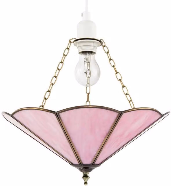 Happy Homewares Classic Tiffany Glass Easy Fit Pendant Shade in Pink with Brass Trims, Diameter: 35.56 cm