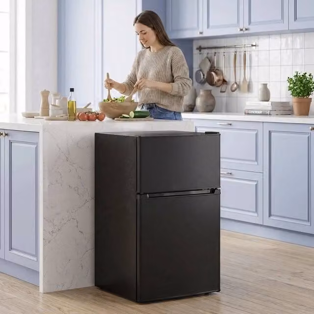 PAWNORA 88L Under Counter Small Fridge Freezer in Black with Reversible Door