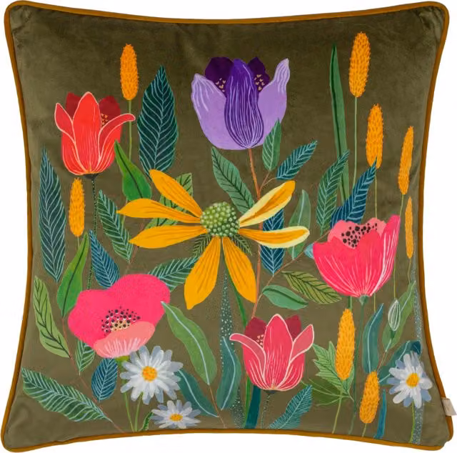 House Of Bloom Celandine Floral Velvet Square Cushion in Yellow and Green