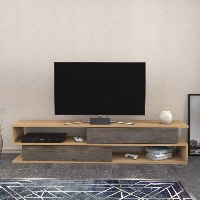 Decorotika Geometric Modern TV Unit in Brown and Petrol Wood