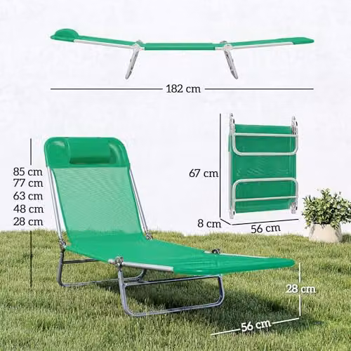 Outsunny Set of 2 Folding Sun Loungers in Dark Green Textilene with Adjustable Headrest and Powder Coated Steel Frame – 3