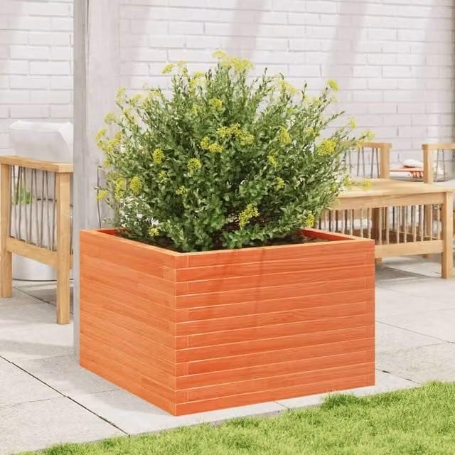 Berkfield Home Decorative Garden Planter Tub, Brown, Solid Wood, W: 70 cm, D: 70 cm, H: 45.5 cm